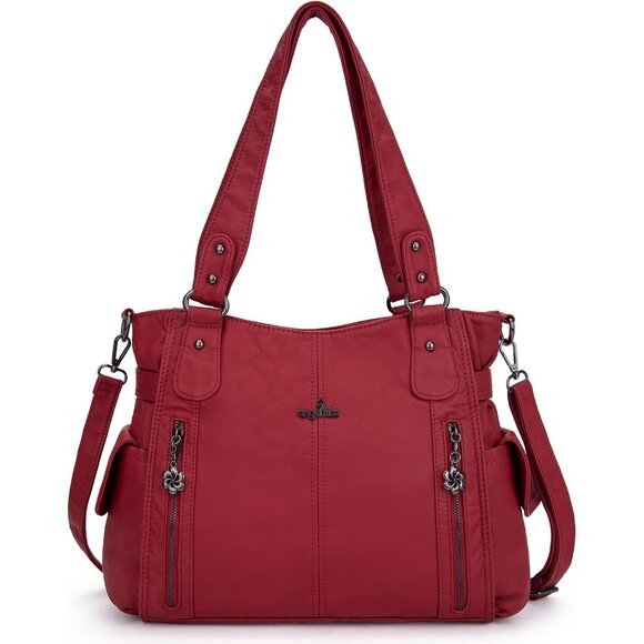 👑Women's Red PU Leather Hobo Shoulder Bag with Top Handle and Zipper Pockets